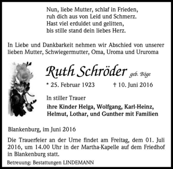 Traueranzeige von Ruth Schröder (geb. Böge)  von Magdeburger Volksstimme