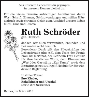 Traueranzeige von Ruth Schröder (geb. Heinrich)  von Magdeburger Volksstimme