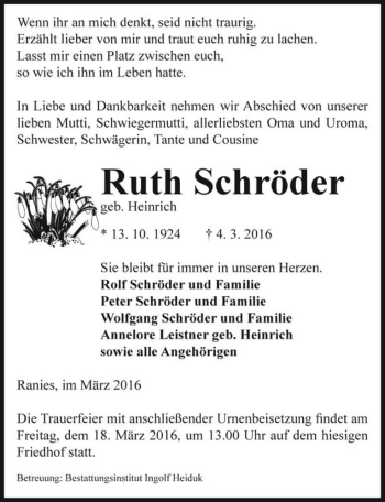 Traueranzeige von Ruth Schröder (geb. Heinrich)  von Magdeburger Volksstimme