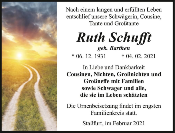 Traueranzeige von Ruth Schufft (geb. Barthen)  von Magdeburger Volksstimme