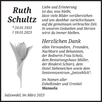Traueranzeige von Ruth Schultz  von Magdeburger Volksstimme