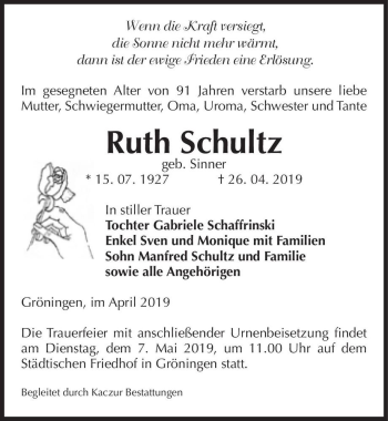 Traueranzeige von Ruth Schultz (geb. Sinner)  von Magdeburger Volksstimme