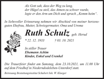 Traueranzeige von Ruth Schulz (geb. Herud)  von Magdeburger Volksstimme