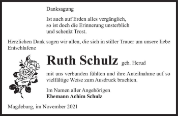 Traueranzeige von Ruth Schulz (geb. Herud)  von Magdeburger Volksstimme