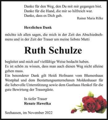 Traueranzeige von Ruth Schulze  von Magdeburger Volksstimme