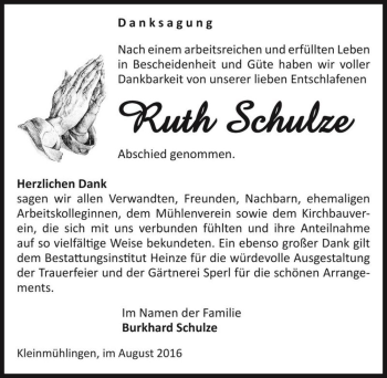 Traueranzeige von Ruth Schulze  von Magdeburger Volksstimme