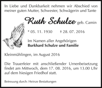 Traueranzeige von Ruth Schulze (geb. Camin)  von Magdeburger Volksstimme