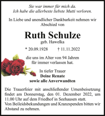 Traueranzeige von Ruth Schulze (geb. Hawelka)  von Magdeburger Volksstimme