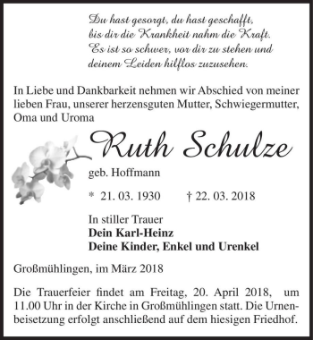 Traueranzeige von Ruth Schulze (geb. Hoffmann)  von Magdeburger Volksstimme