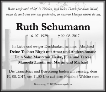 Traueranzeige von Ruth Schumann  von Magdeburger Volksstimme