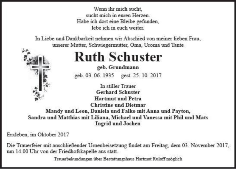  Traueranzeige für Ruth Schuster (geb. Grundmann)  vom 28.10.2017 aus Magdeburger Volksstimme