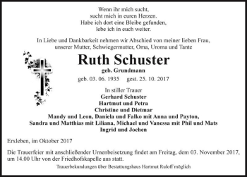 Traueranzeige von Ruth Schuster (geb. Grundmann)  von Magdeburger Volksstimme