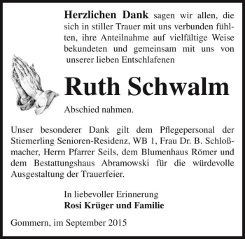 Traueranzeige von Ruth Schwalm  von Magdeburger Volksstimme