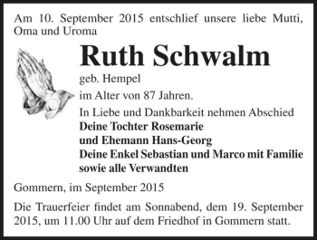 Traueranzeige von Ruth Schwalm geb. Hempel  von Magdeburger Volksstimme