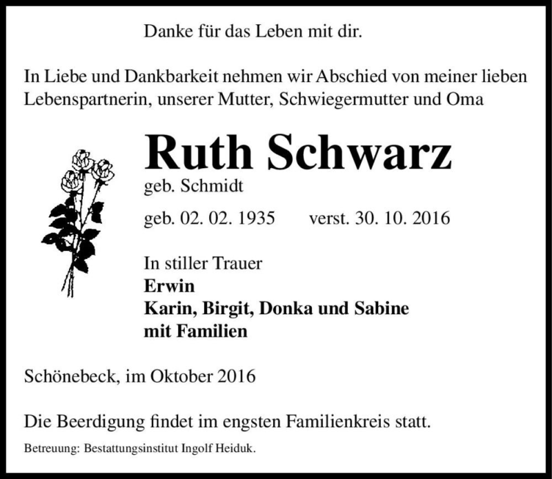  Traueranzeige für Ruth Schwarz (geb. Schmidt)  vom 02.11.2016 aus Magdeburger Volksstimme