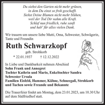 Traueranzeige von Ruth Schwarzkopf (geb. Strohkorb)  von Magdeburger Volksstimme