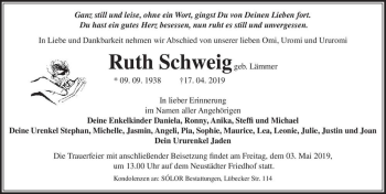 Traueranzeige von Ruth Schweig (geb. Lämmer)  von Magdeburger Volksstimme
