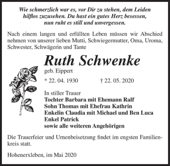 Traueranzeige von Ruth Schwenke (geb. Eippert)  von Magdeburger Volksstimme