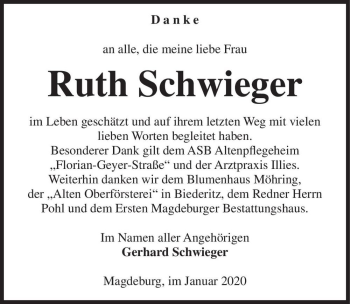 Traueranzeige von Ruth Schwieger  von Magdeburger Volksstimme