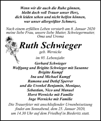 Traueranzeige von Ruth Schwieger (geb. Wernicke)  von Magdeburger Volksstimme
