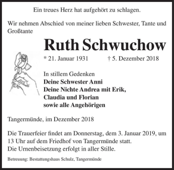 Traueranzeige von Ruth Schwuchow  von Magdeburger Volksstimme