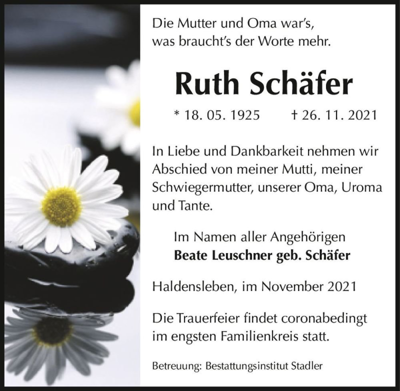  Traueranzeige für Ruth Schäfer  vom 04.12.2021 aus Magdeburger Volksstimme