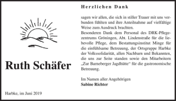 Traueranzeige von Ruth Schäfer  von Magdeburger Volksstimme
