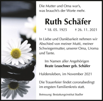 Traueranzeige von Ruth Schäfer  von Magdeburger Volksstimme