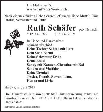 Traueranzeige von Ruth Schäfer (geb. Heinsch)  von Magdeburger Volksstimme