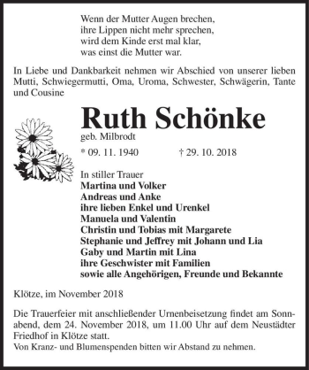 Traueranzeige von Ruth Schönke (geb. Milbrodt)  von Magdeburger Volksstimme