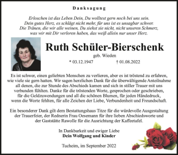 Traueranzeige von Ruth Schüler-Bierschenk (geb. Wieden)  von Magdeburger Volksstimme