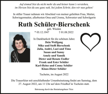 Traueranzeige von Ruth Schüler-Bierschenk (geb. Wieden)  von Magdeburger Volksstimme