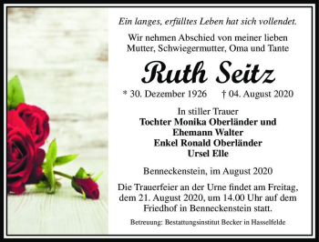 Traueranzeige von Ruth Seitz  von Magdeburger Volksstimme