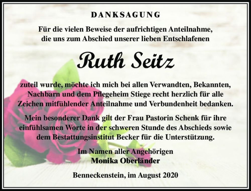  Traueranzeige für Ruth Seitz  vom 05.09.2020 aus Magdeburger Volksstimme