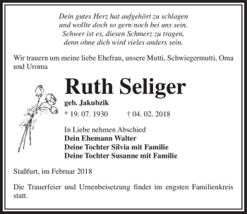 Traueranzeige von Ruth Seliger (geb. Jakubzik)  von Magdeburger Volksstimme