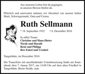 Traueranzeige von Ruth Sellmann  von Magdeburger Volksstimme