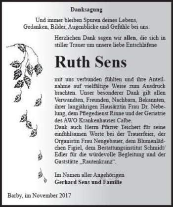 Traueranzeige von Ruth Sens  von Magdeburger Volksstimme