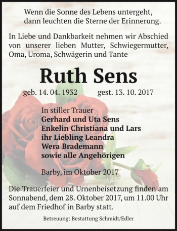 Traueranzeige von Ruth Sens  von Magdeburger Volksstimme