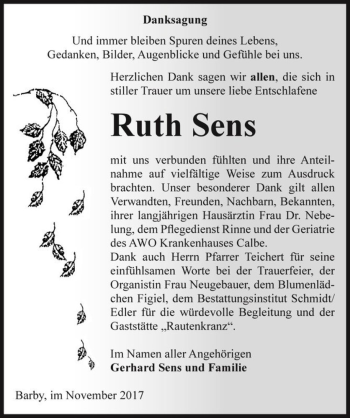 Traueranzeige von Ruth Sens  von Magdeburger Volksstimme