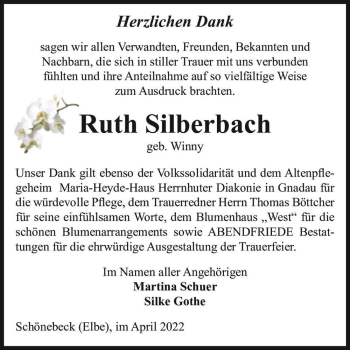 Traueranzeige von Ruth Silberbach (geb. Winny)  von Magdeburger Volksstimme