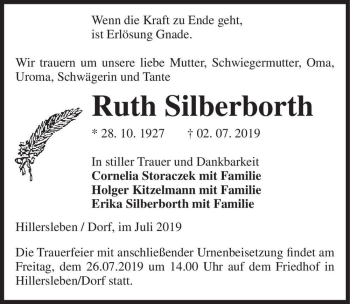 Traueranzeige von Ruth Silberborth  von Magdeburger Volksstimme