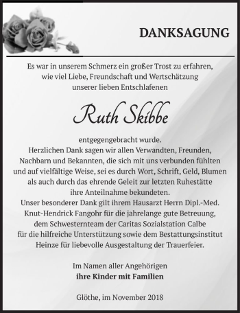 Traueranzeige von Ruth Skibbe  von Magdeburger Volksstimme