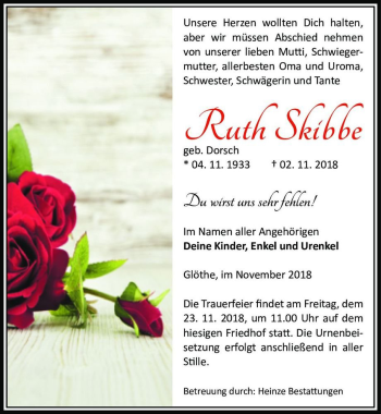 Traueranzeige von Ruth Skibbe (geb. Dorsch)  von Magdeburger Volksstimme