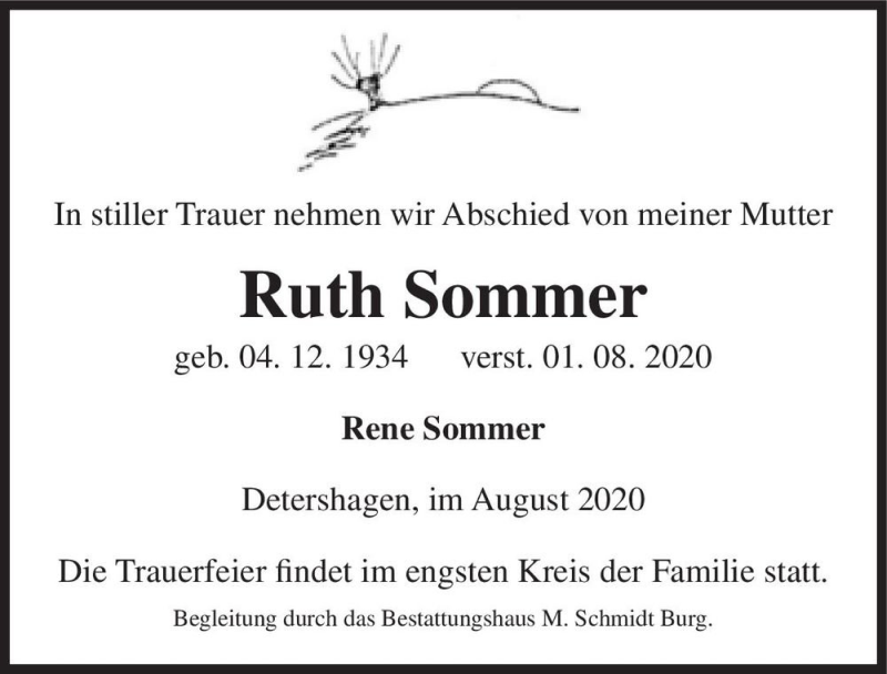  Traueranzeige für Ruth Sommer  vom 08.08.2020 aus Magdeburger Volksstimme