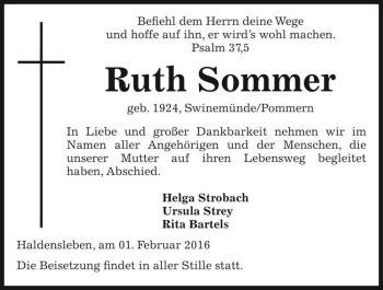 Traueranzeige von Ruth Sommer  von Magdeburger Volksstimme