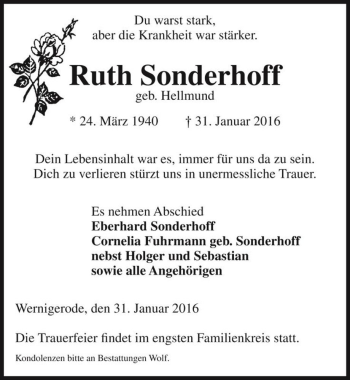 Traueranzeige von Ruth Sonderhoff (geb. Hellmund)  von Magdeburger Volksstimme