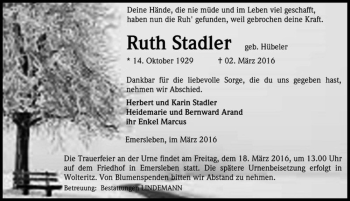 Traueranzeige von Ruth Stadler (geb. Hübeler)  von Magdeburger Volksstimme
