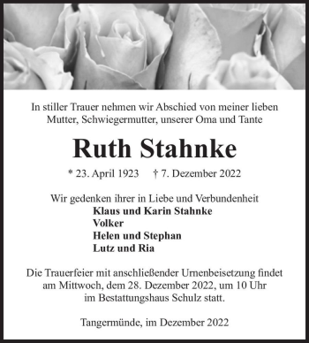 Traueranzeige von Ruth Stahnke  von Magdeburger Volksstimme