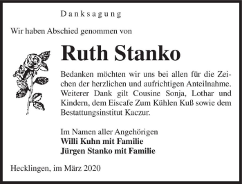 Traueranzeige von Ruth Stanko  von Magdeburger Volksstimme