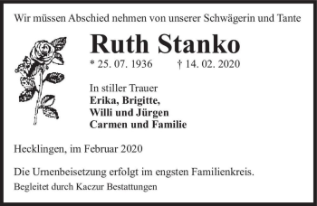 Traueranzeige von Ruth Stanko  von Magdeburger Volksstimme